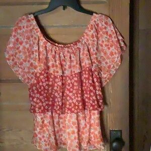 🌸 Boho Floral Peasant Top Blouse Women’s L Red Tiered Festival Summer Bohemian